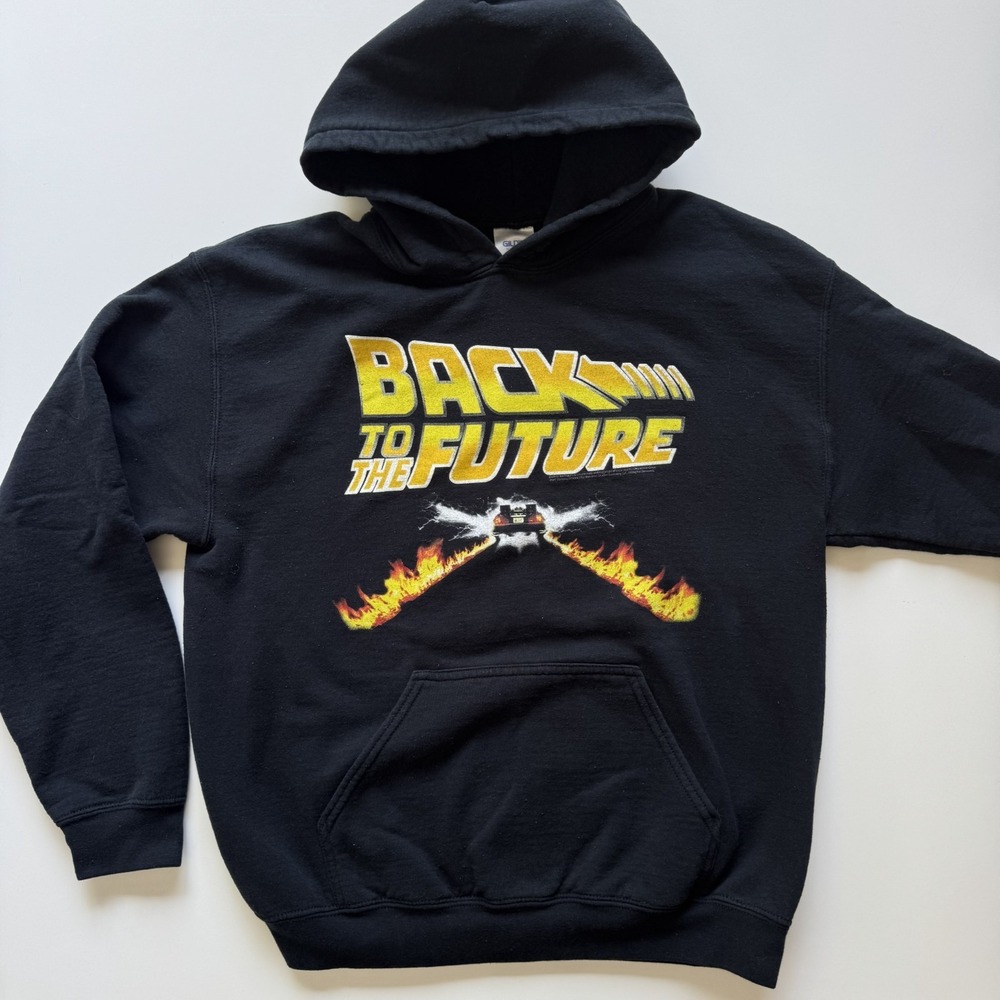 BACK TO THE FUTURE Medium Gildan Hoodie Black Pullover Kangaroo Pocket 80's Film